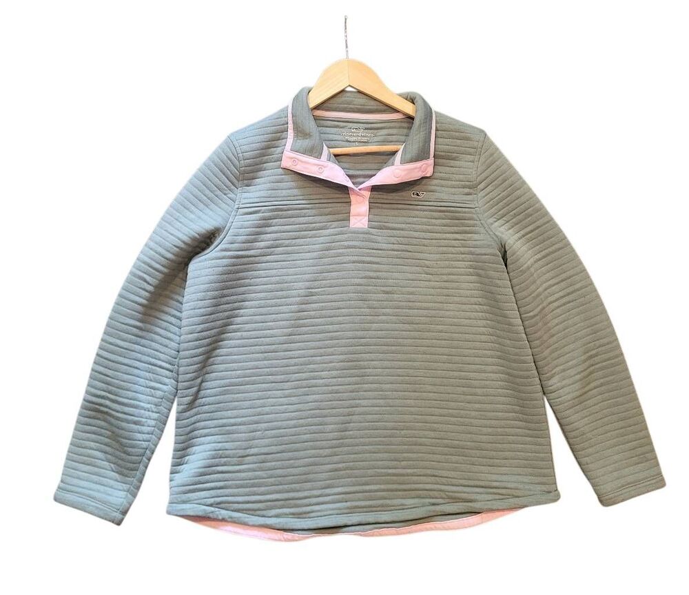 Vineyard Vines Pullover Women's Large Sage Green Quilted Quarter Snap Soft